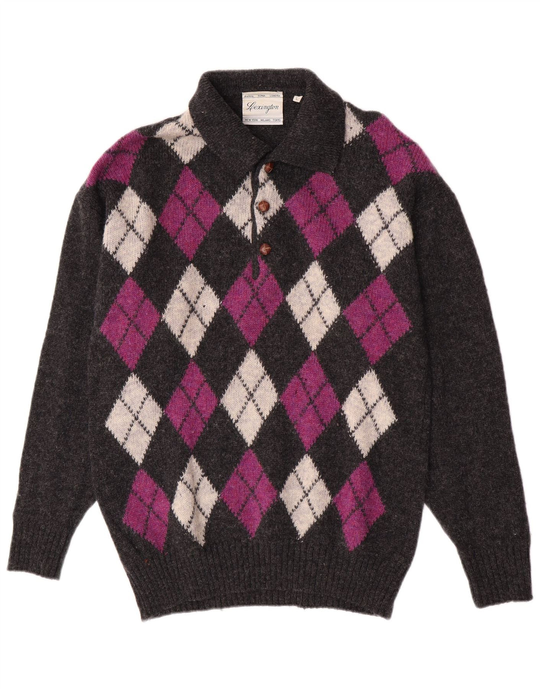 Suéter vintage masculino com gola polo e lã virgem grande cinza argyle/diamante