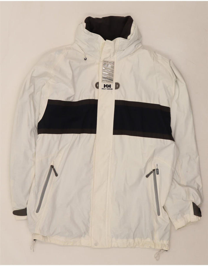 Jaqueta de chuva masculina Helly Hansen com capuz UK 40 grande bloco colorido branco