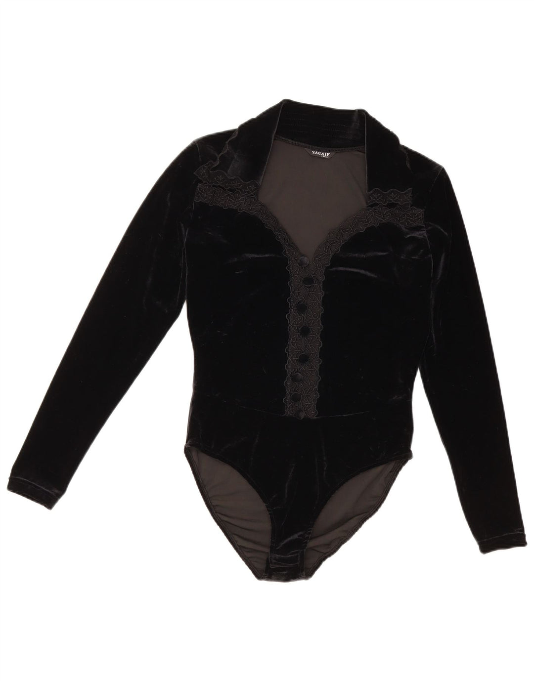 SAGAIE Body feminino de veludo de manga comprida UK 12 poliéster preto médio