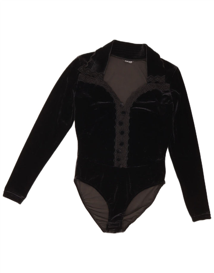 SAGAIE Body feminino de veludo de manga comprida UK 12 poliéster preto médio