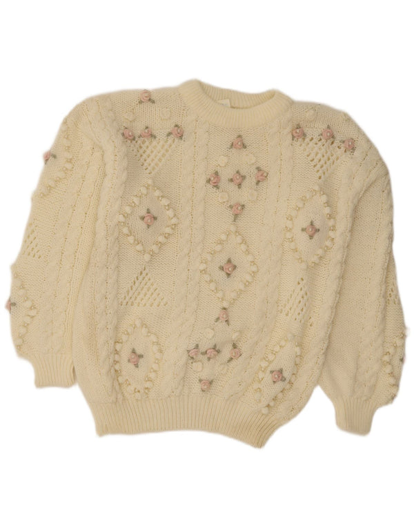 Suéter feminino vintage com gola redonda UK 18 XL branco floral