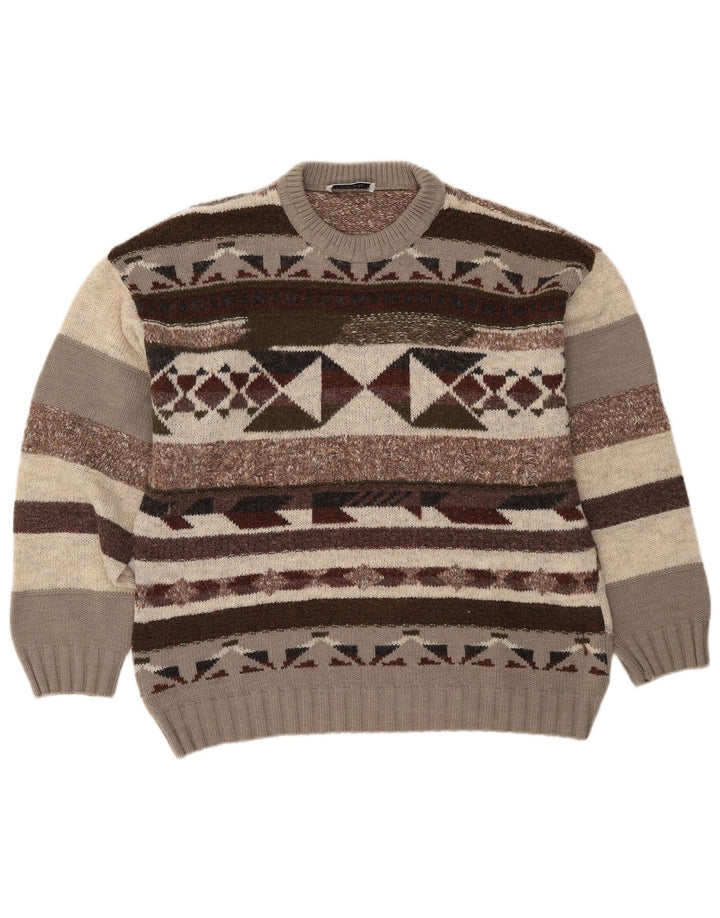 Suéter vintage masculino com gola redonda IT 50 médio marrom geométrico