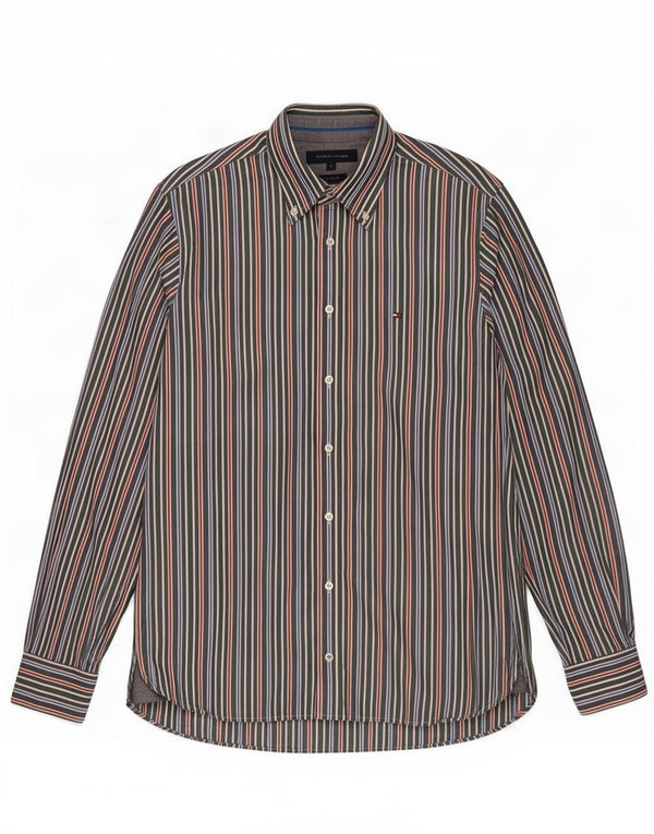 Camisa masculina Tommy Hilfiger Custom Fit pequena listrada multicolorida de algodão
