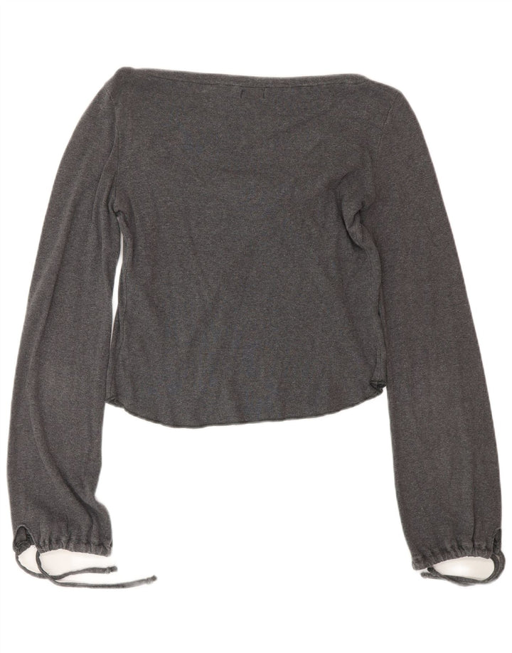 Top feminino Onyx com gravata frontal e manga comprida Reino Unido 12 algodão cinza médio