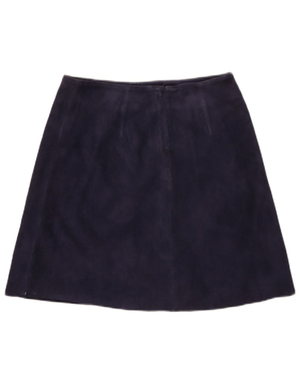 Saia feminina vintage camurça linha A Reino Unido 6 XS W26 couro azul marinho