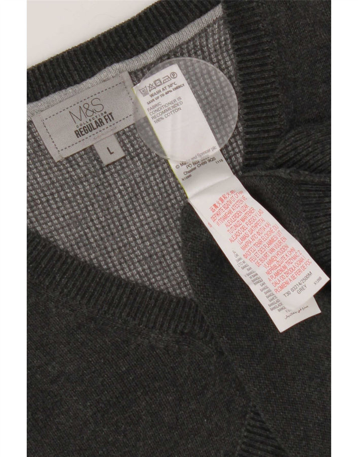 Suéter masculino Marks & Spencer com ajuste regular e decote em V, grande algodão cinza
