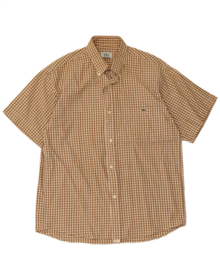 Lacoste Camisa masculina de manga curta tamanho 41 grande algodão xadrez bege