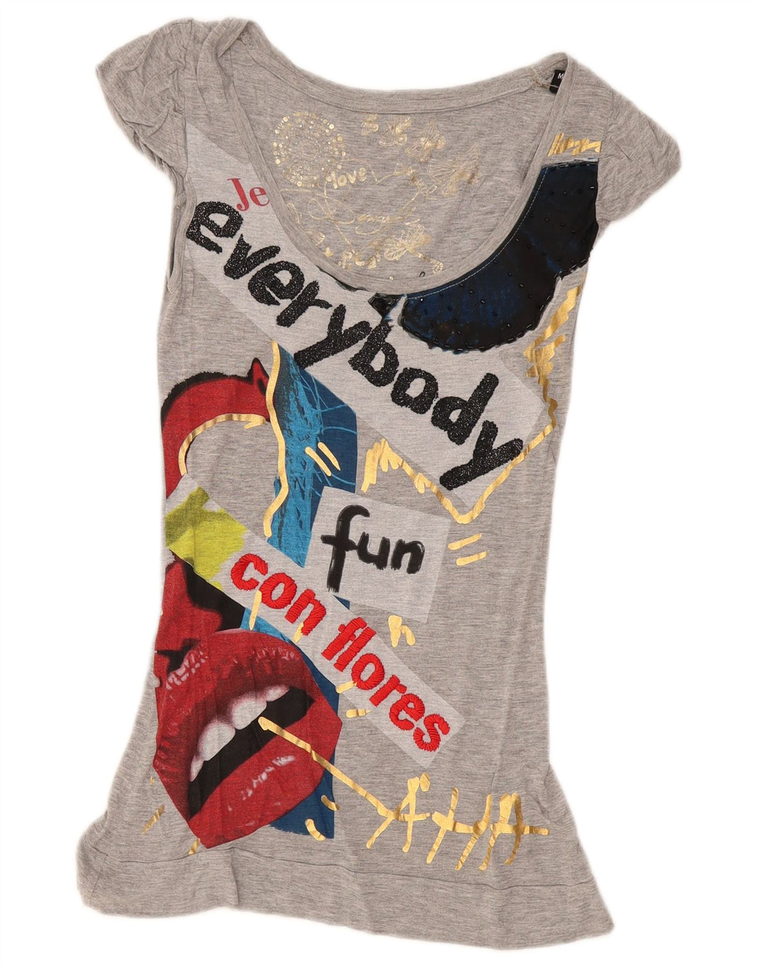 Desigual Top túnica feminina gráfica UK 12 Viscose cinza médio