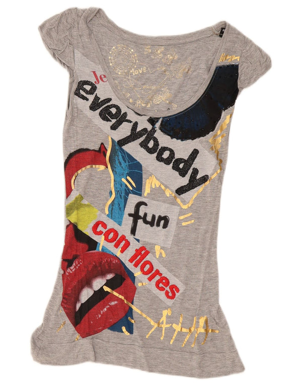 Desigual Top túnica feminina gráfica UK 12 Viscose cinza médio