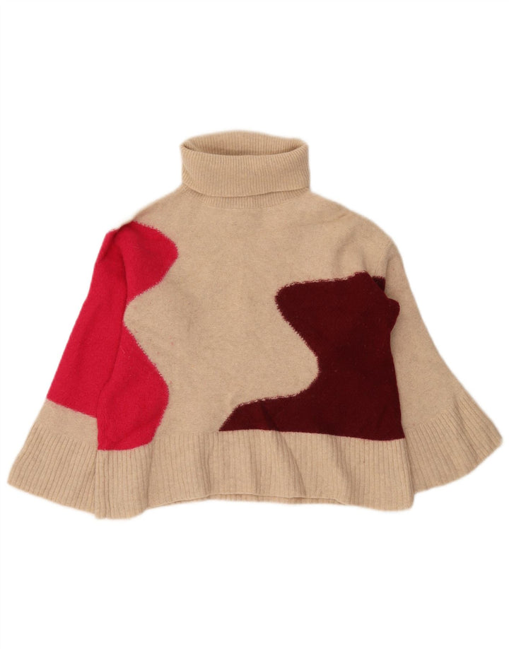 Suéter feminino branco com gola redonda e gola redonda, bloco colorido bege pequeno UK 8