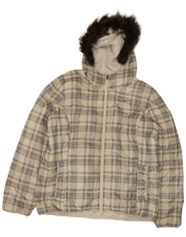 Jaqueta acolchoada reversível com capuz Nike masculina UK 44 2XL poliéster xadrez branco