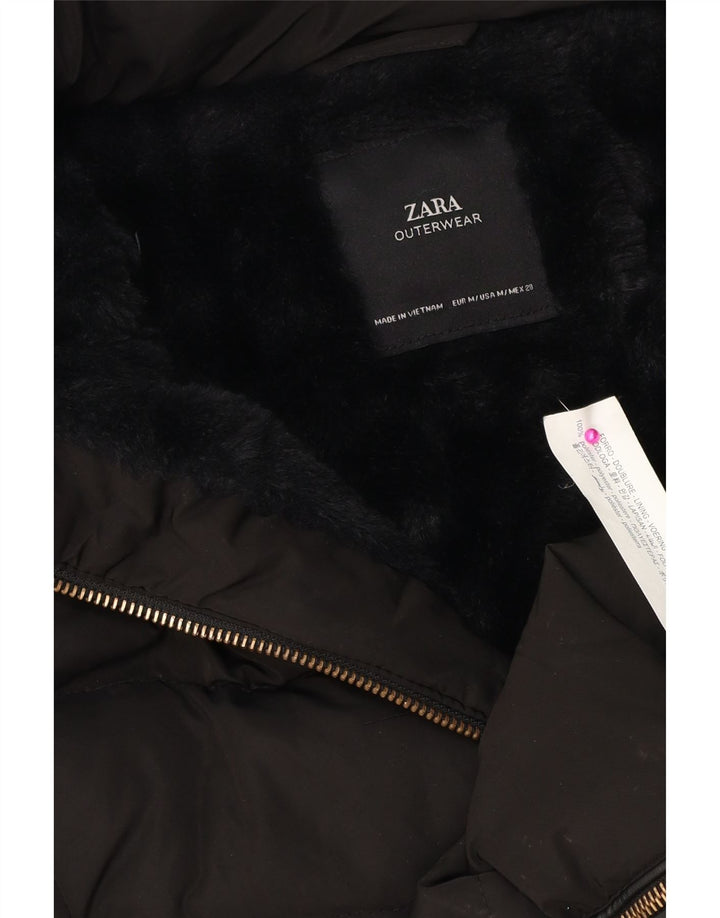 Casaco acolchoado com capuz feminino Zara UK 14 poliéster preto médio