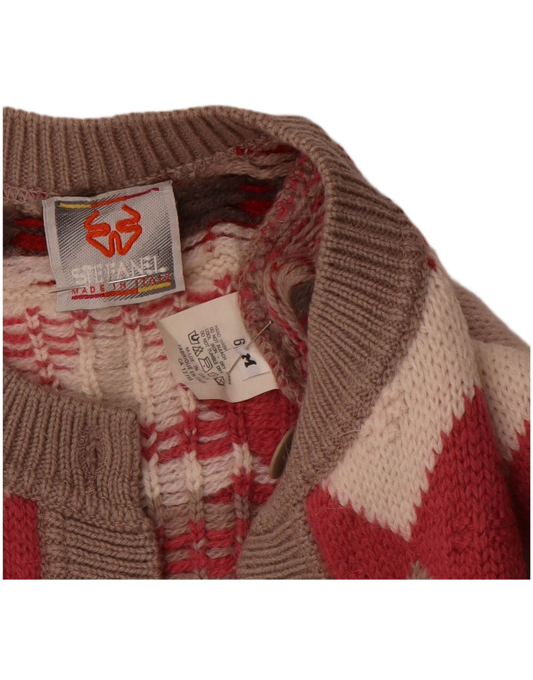 Suéter cardigã feminino Stefanel solto, Reino Unido 14, lã geométrica vermelha média