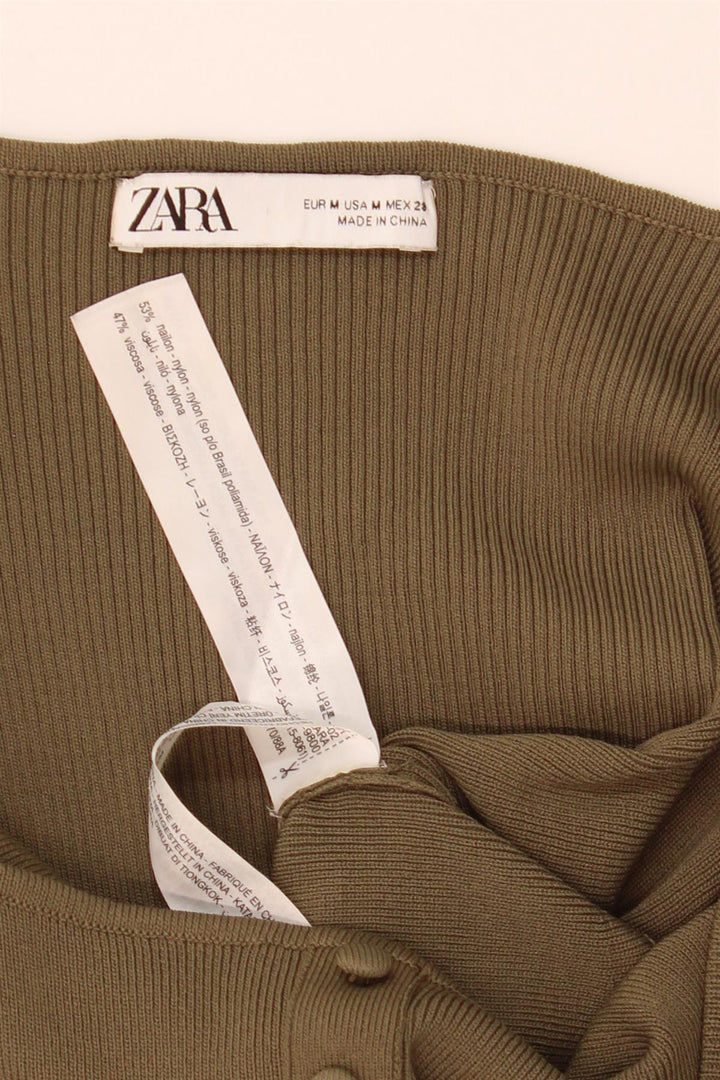 Zara Top feminino de manga comprida com ombro de fora Reino Unido 12 Nylon cáqui médio