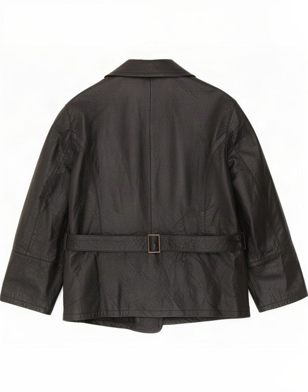Jaqueta de couro feminina vintage folgada IT 32 2XS preta
