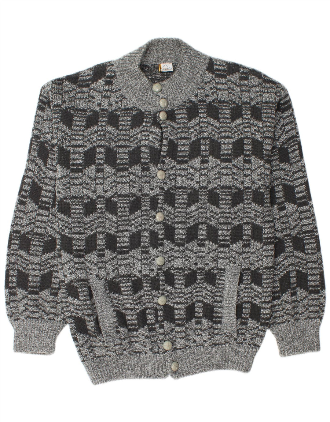 Suéter cardigã masculino vintage acrílico geométrico cinza médio