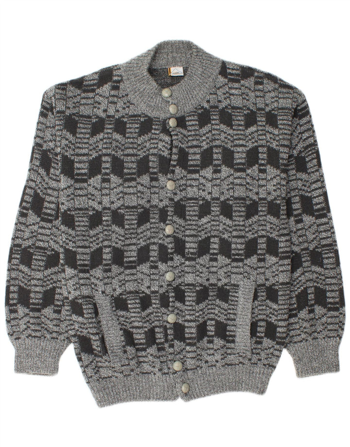 Suéter cardigã masculino vintage acrílico geométrico cinza médio