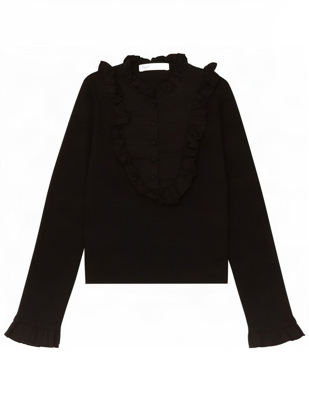 Pulôver feminino Zara com babados frontais Reino Unido 8 pequeno preto nylon