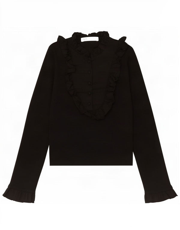 Pulôver feminino Zara com babados frontais Reino Unido 8 pequeno preto nylon