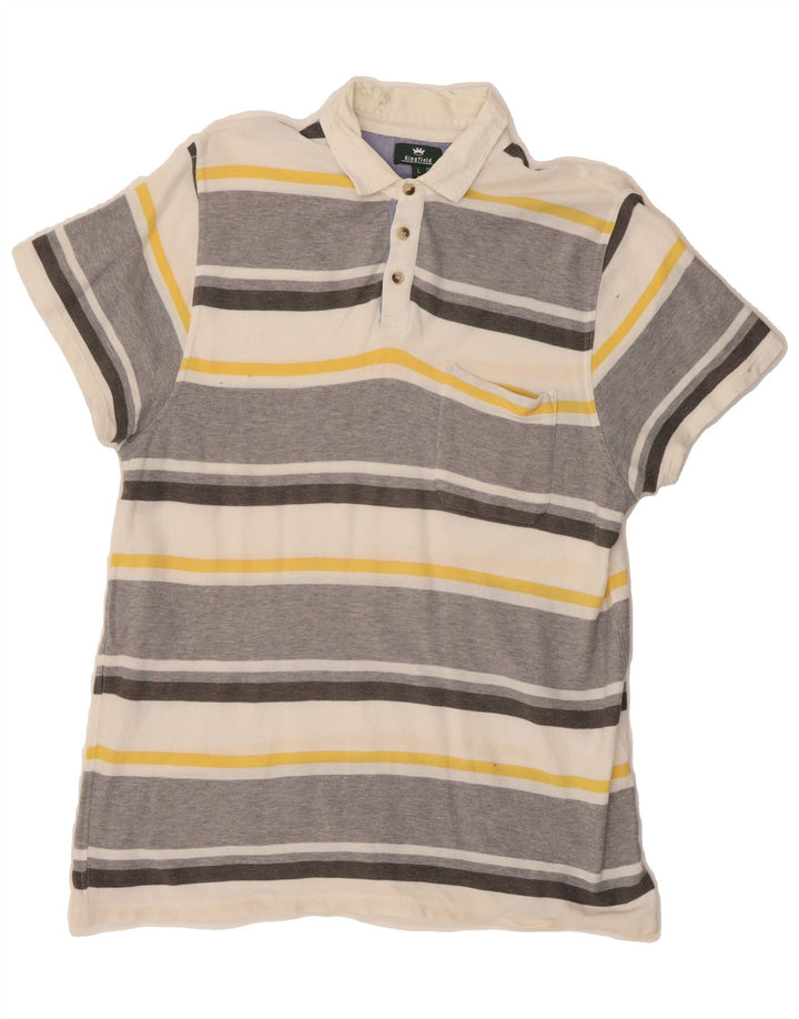 KINGFIELD Mens Polo Shirt Large Grey Striped Cotton Vintage Kingfield and Second-Hand Kingfield from Messina Hembry 