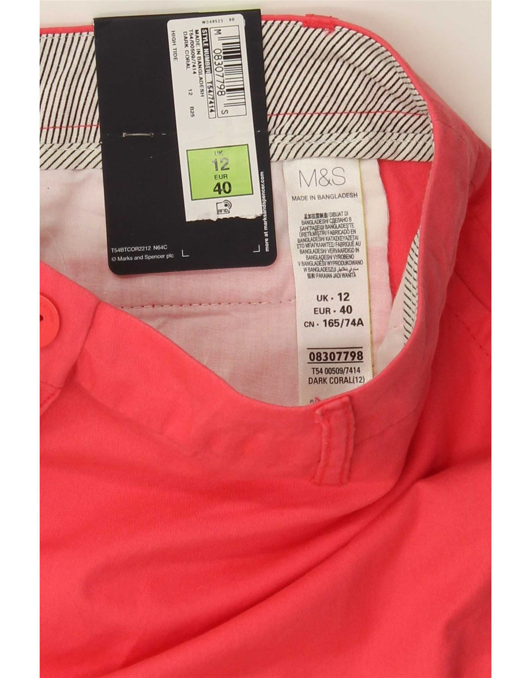 Shorts chino feminino Marks & Spencer UK 12 médio W32 algodão rosa