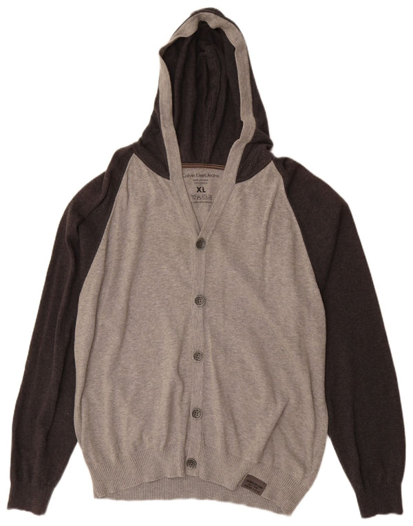 CALVIN KLEIN JEANS Suéter cardigã masculino com capuz XL cinza colorblock algodão