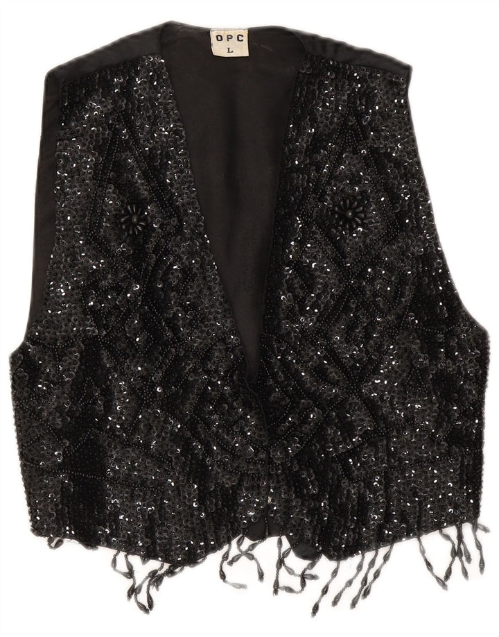 Colete feminino vintage de lantejoulas UK 14 grande preto