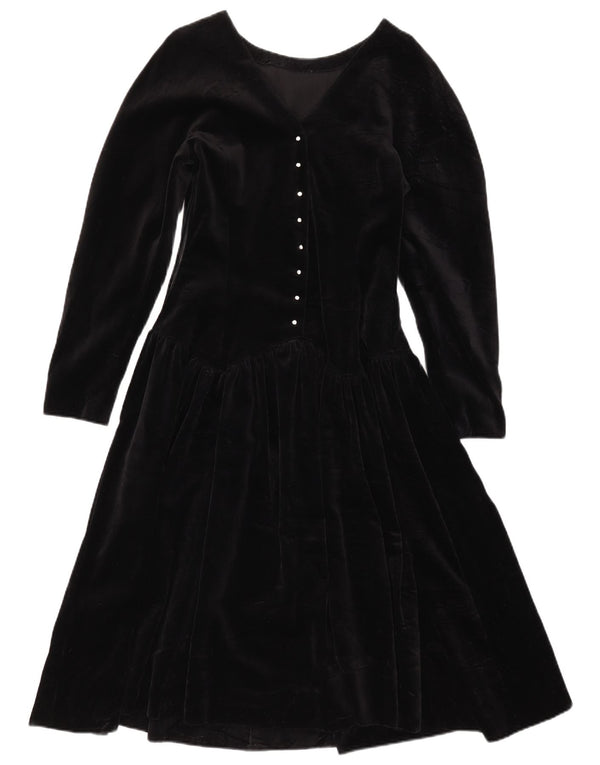 Vestido feminino vintage de veludo manga comprida linha A Reino Unido 8 pequeno preto