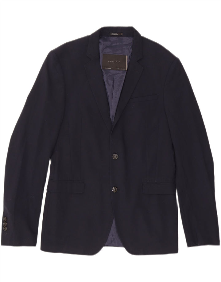 Jaqueta blazer masculina Zara com 2 botões EU 50 poliéster azul marinho médio