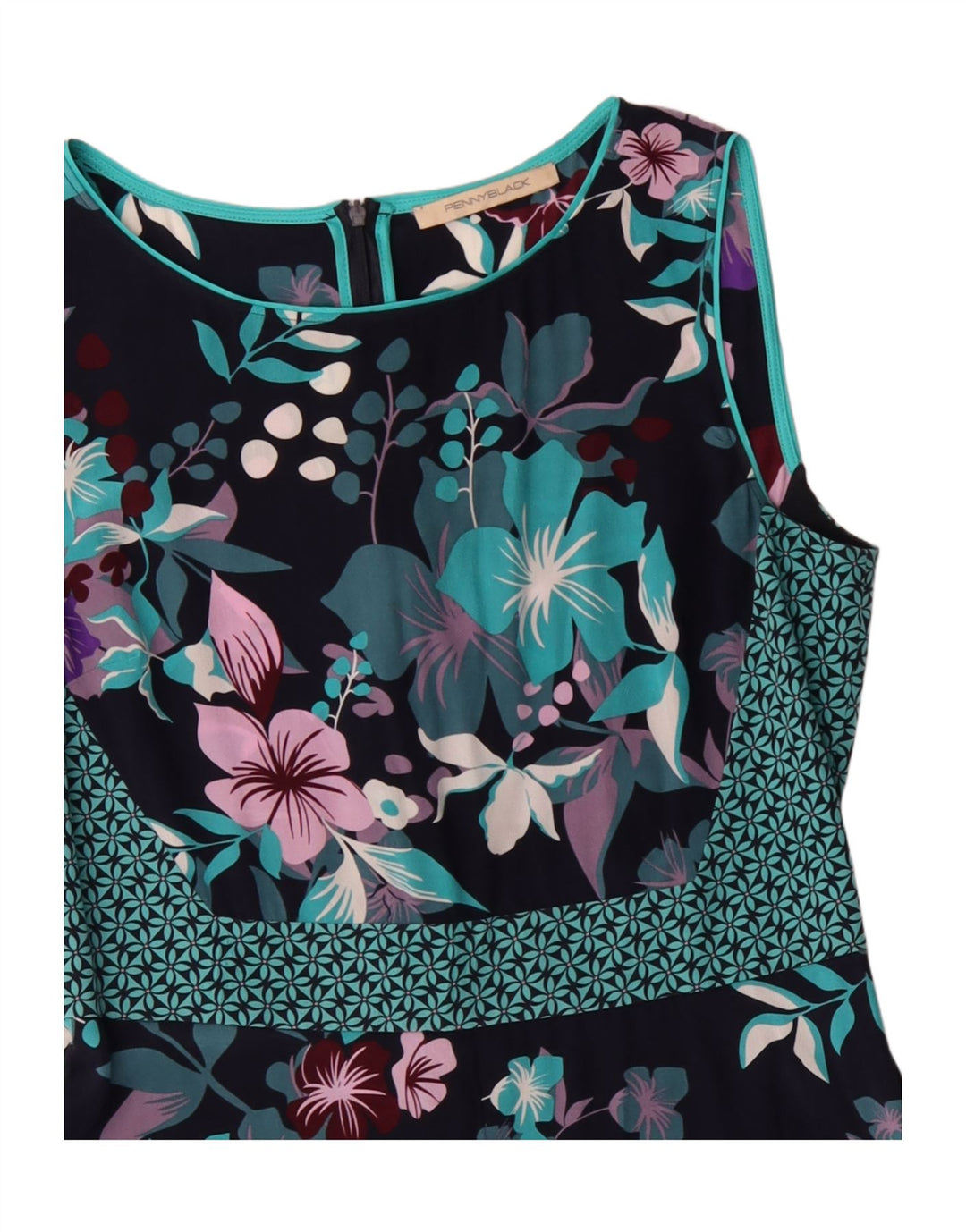 Vestido feminino sem mangas evasê PENNY BLACK Reino Unido 12 médio azul marinho floral