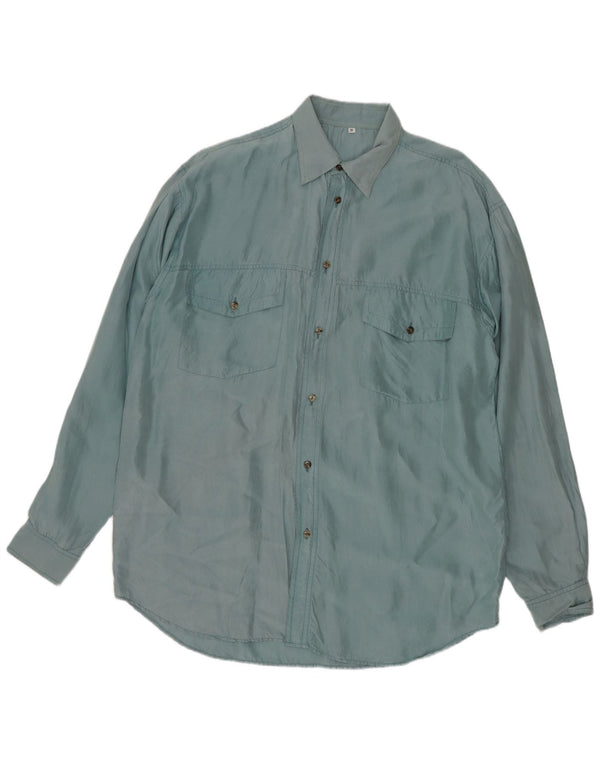 Camisa masculina vintage seda azul média