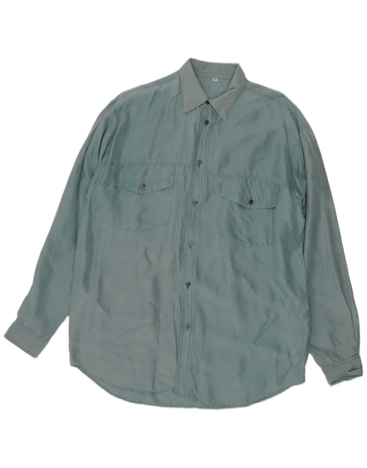 Camisa masculina vintage seda azul média