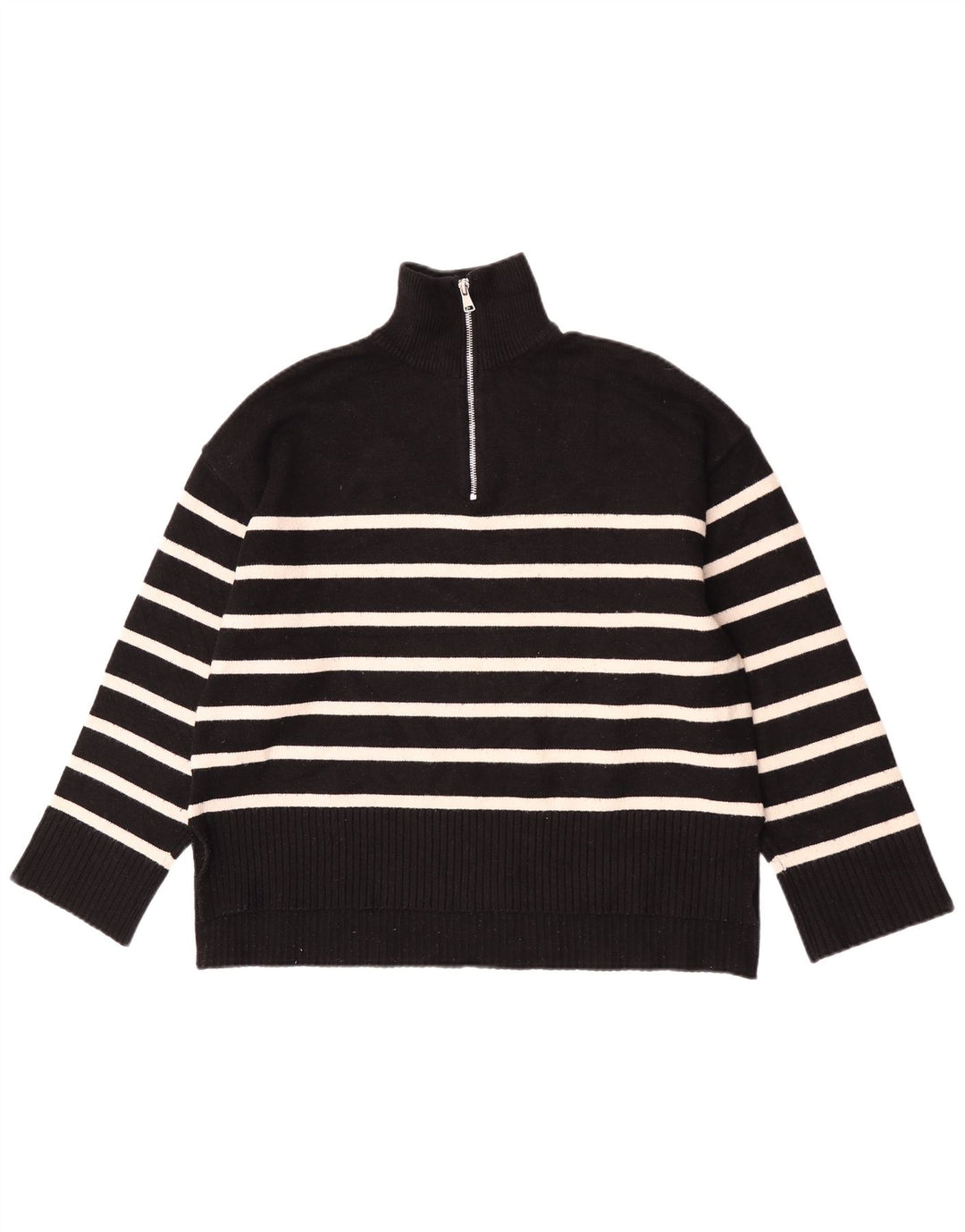 Suéter feminino Zara com zíper e gola grande, Reino Unido 10 pequeno listrado preto