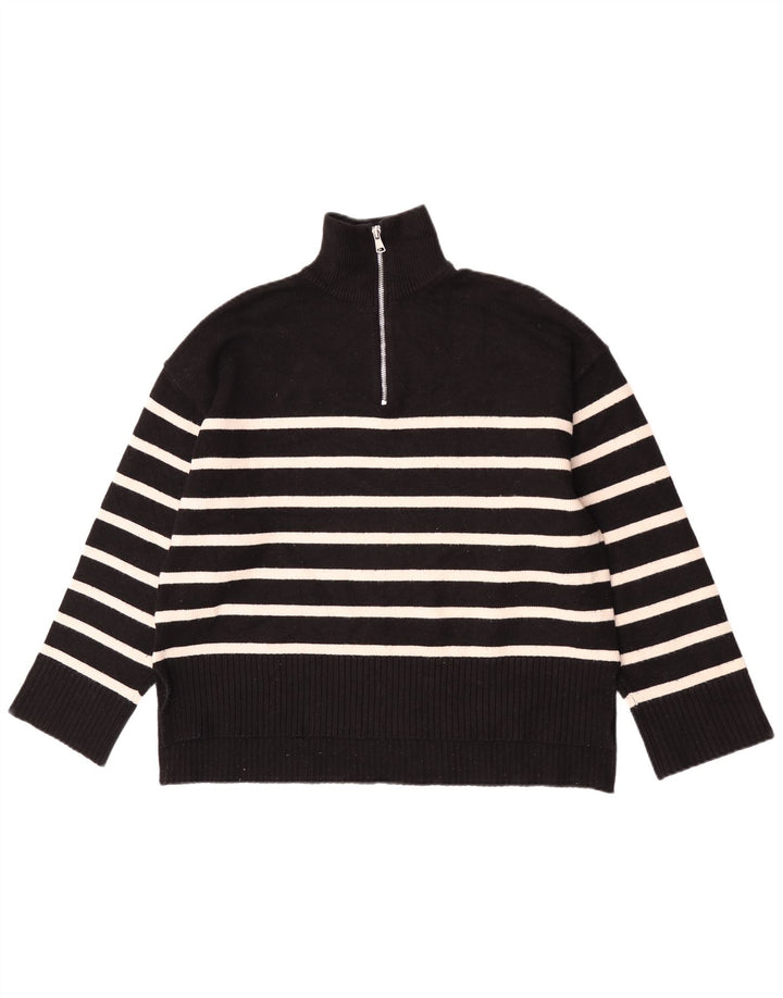 Suéter feminino Zara com zíper e gola grande, Reino Unido 10 pequeno listrado preto