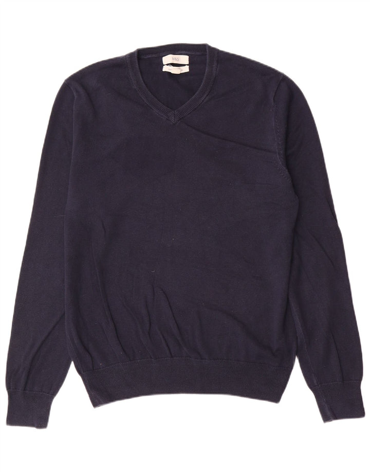 Suéter masculino Marks & Spencer com decote em V, algodão azul marinho médio