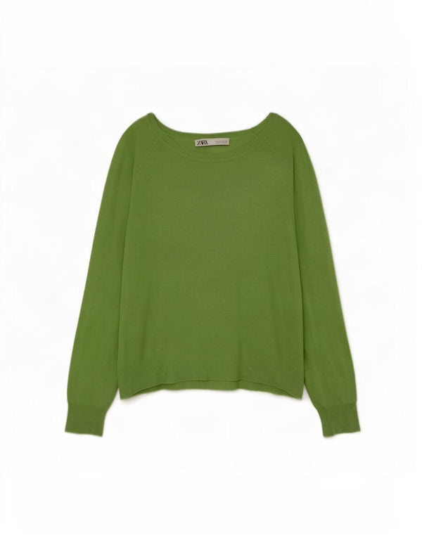 Zara Suéter feminino oversized com gola canoa Reino Unido 10 viscose verde pequena
