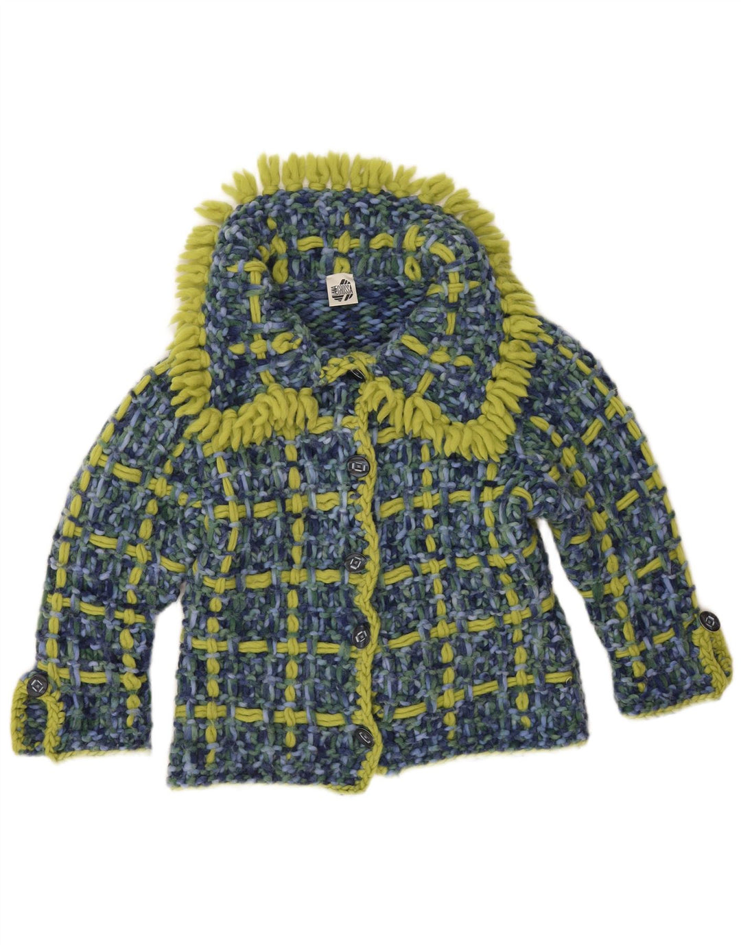 Suéter Cardigan Feminino Vintage Reino Unido 14 Grande Xadrez Azul