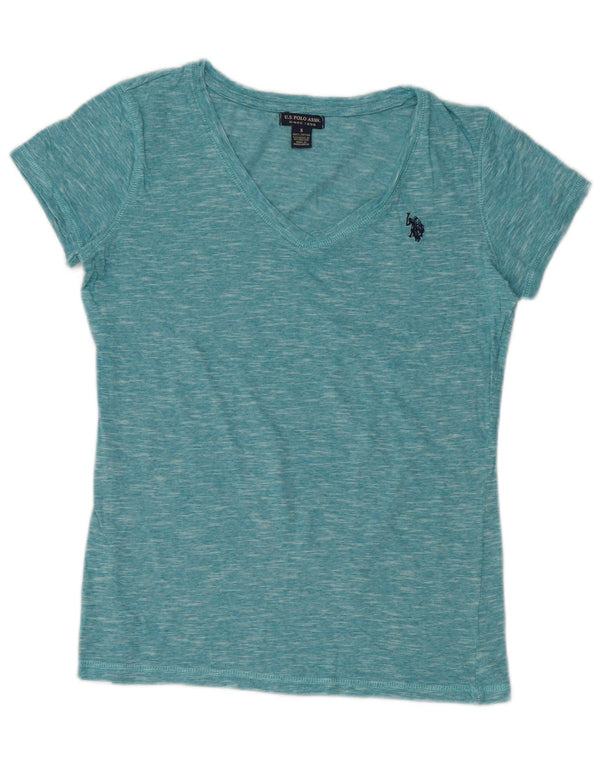 US Polo Assn. Camiseta feminina top UK 10 pequeno algodão manchado turquesa