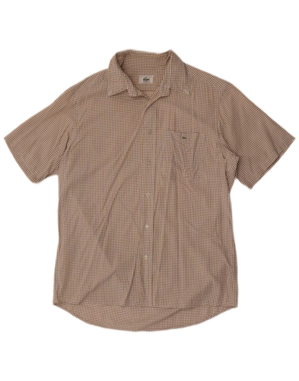 Lacoste Camisa masculina de manga curta tamanho 40 algodão xadrez bege médio