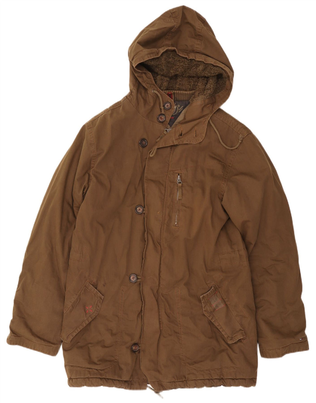 Jaqueta Parka masculina com capuz Tommy Hilfiger Reino Unido 38 algodão marrom médio