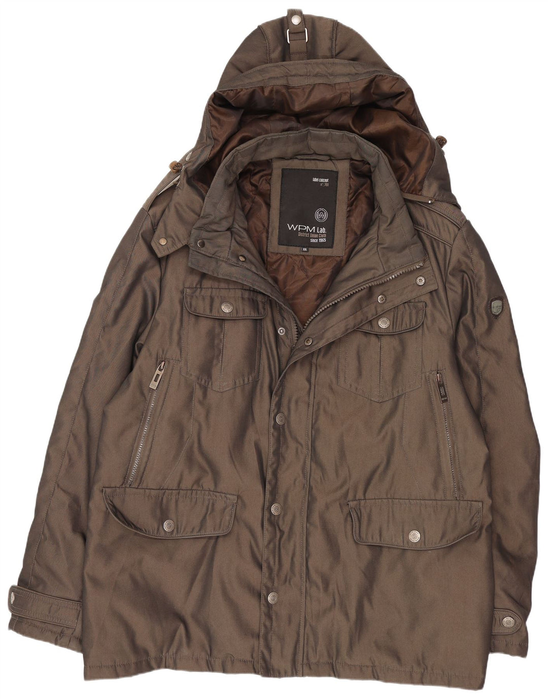 Jaqueta Parka masculina WPM com capuz Reino Unido 44 2XL poliéster marrom