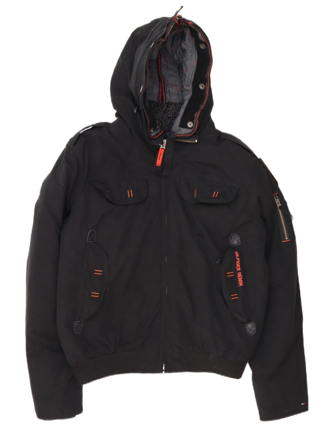 Jaqueta bomber masculina com capuz Tommy Hilfiger Denizen Reino Unido 42 XL poliéster preto