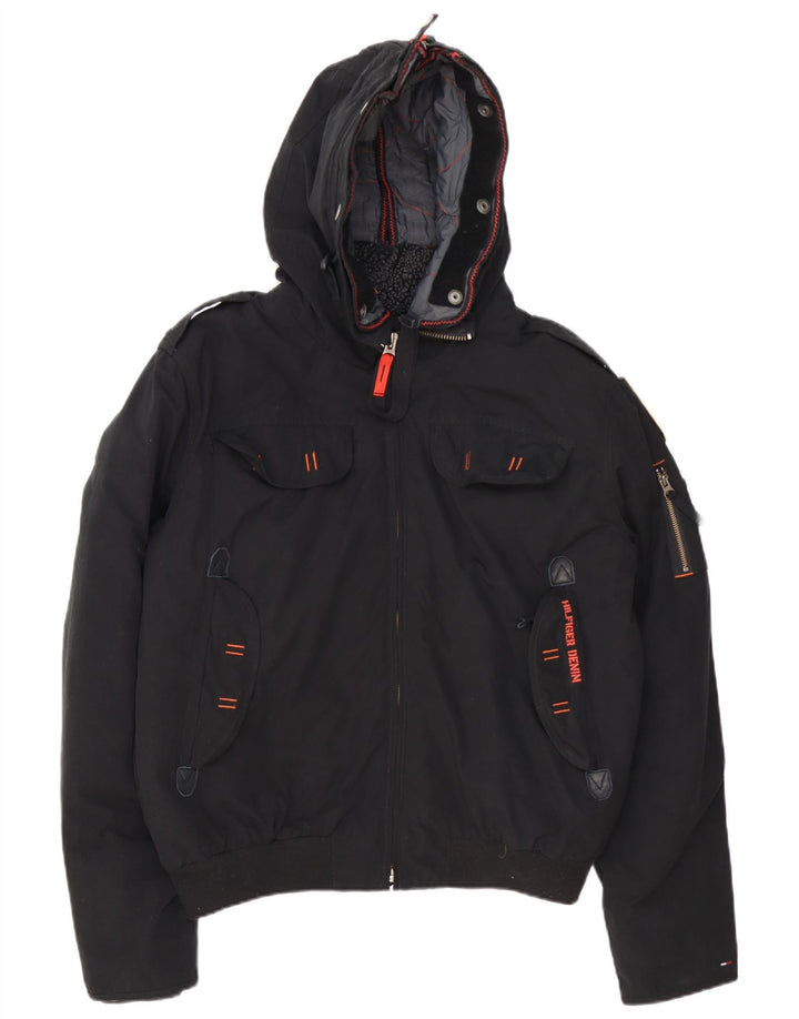 Jaqueta bomber masculina com capuz Tommy Hilfiger Denizen Reino Unido 42 XL poliéster preto