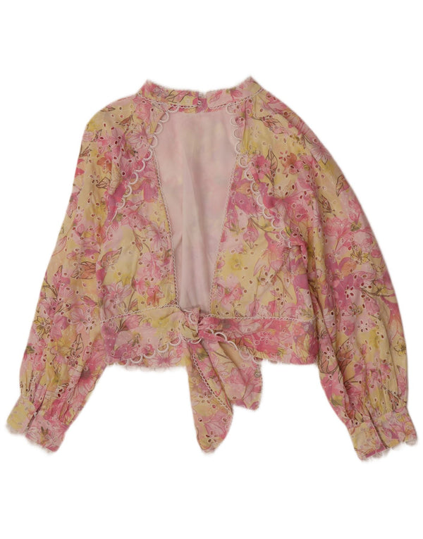 Blusa feminina vintage de manga comprida UK 12 floral multicolorido médio