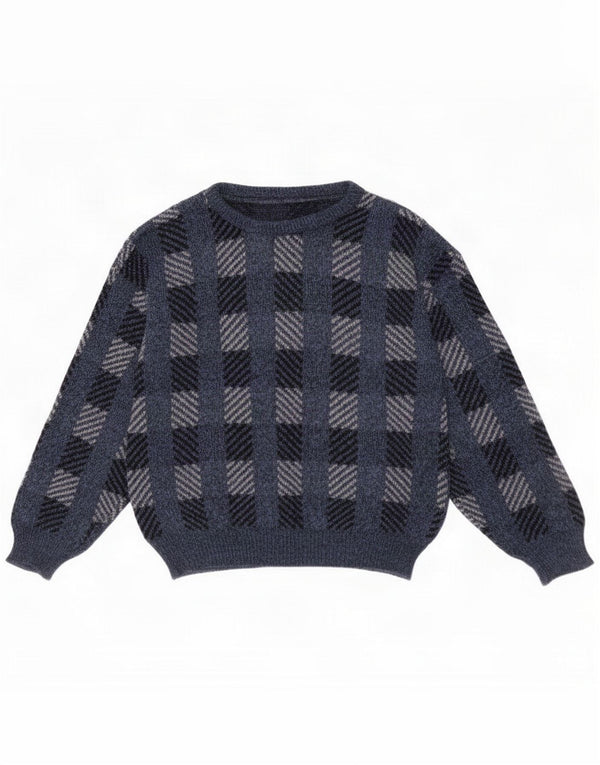 Vintage Mens Boat Neck Jumper Sweater Medium Navy Blue Check