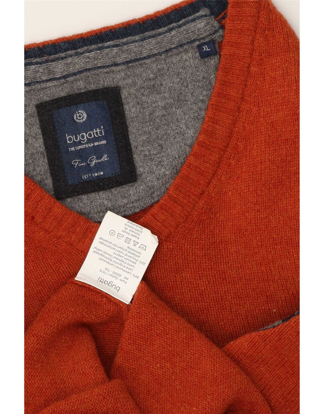 Suéter masculino Bugatti com decote em V XL lã de cordeiro laranja