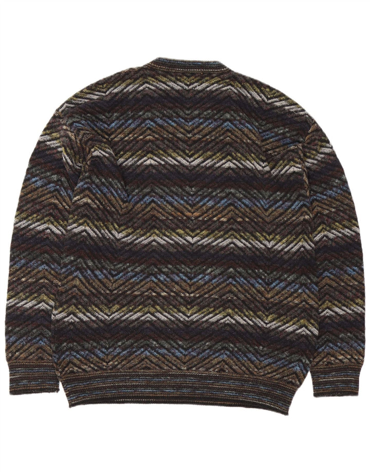 Suéter masculino vintage com decote em V grande geométrico multicolorido