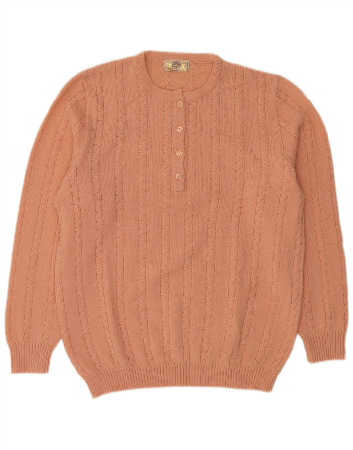 Suéter feminino vintage com gola redonda Reino Unido 16 grande lã rosa