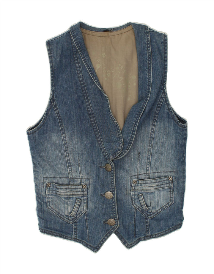 Colete jeans feminino VINTAGE Reino Unido 12 algodão azul médio