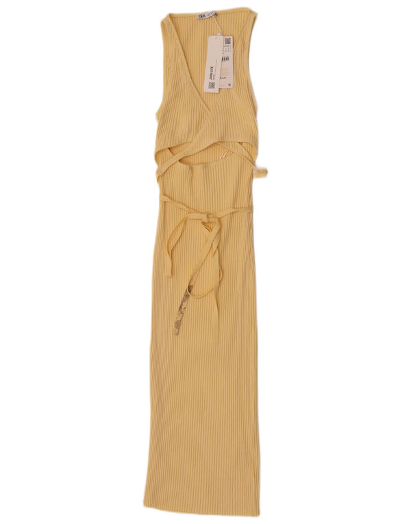 Vestido maxi feminino sem mangas Zara Reino Unido 8 pequeno algodão amarelo